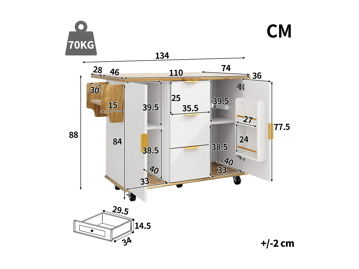 Ensemble Îlot central et tabourets 3 pièces - avec tiroirs + portes + tabourets de bar assortis - MDF + métal - blanc