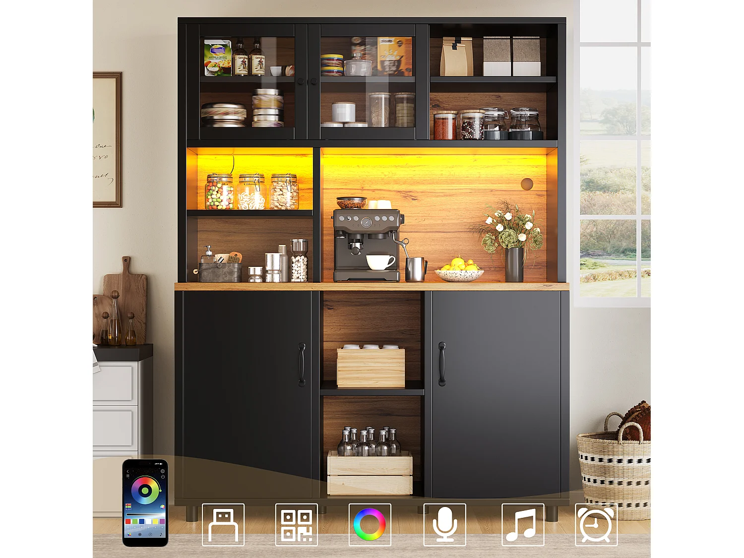 Buffet de cuisine hauts pour le salon - 140 x 40 x 185 cm - avec 4 portes + Led - style rétro - MDF + verre - noir