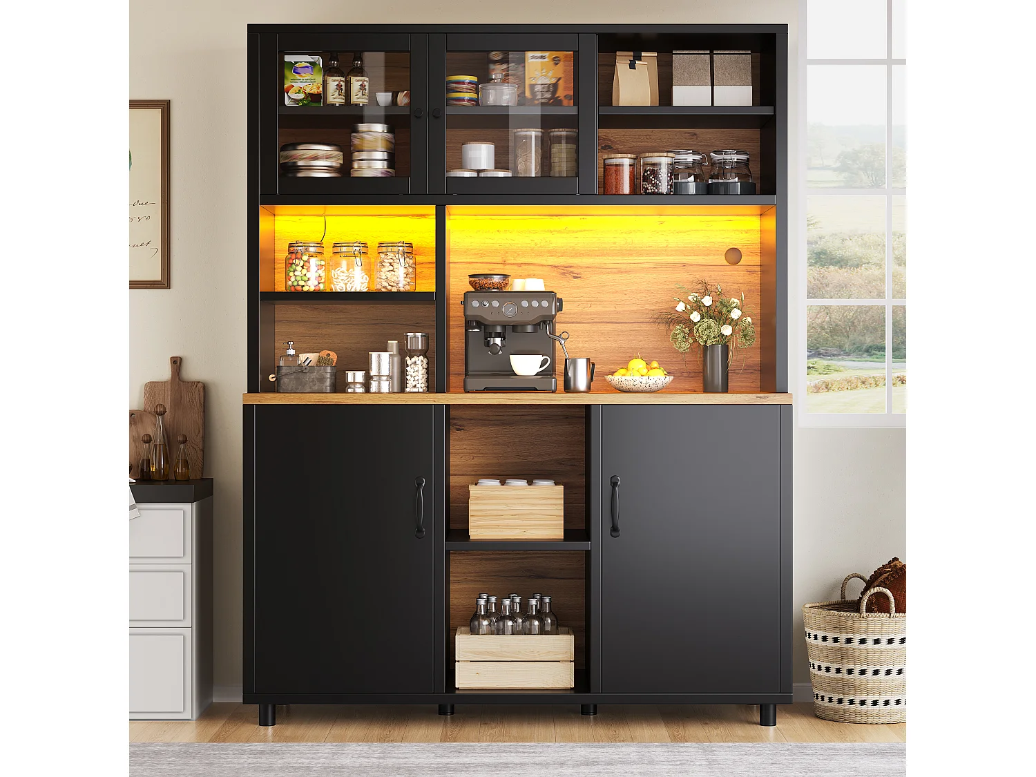 Buffet de cuisine hauts pour le salon - 140 x 40 x 185 cm - avec 4 portes + Led - style rétro - MDF + verre - noir