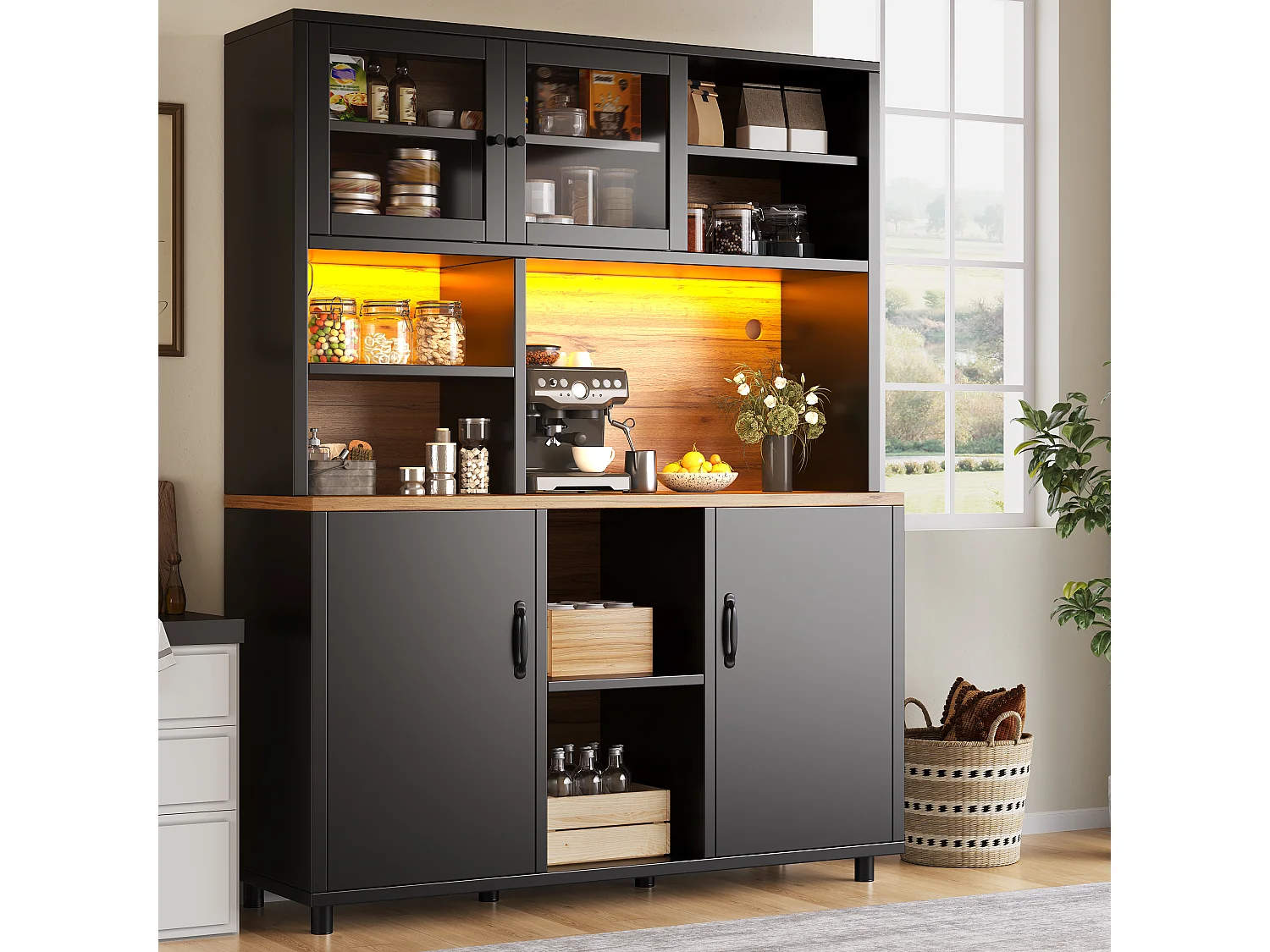 Buffet de cuisine hauts pour le salon - 140 x 40 x 185 cm - avec 4 portes + Led - style rétro - MDF + verre - noir