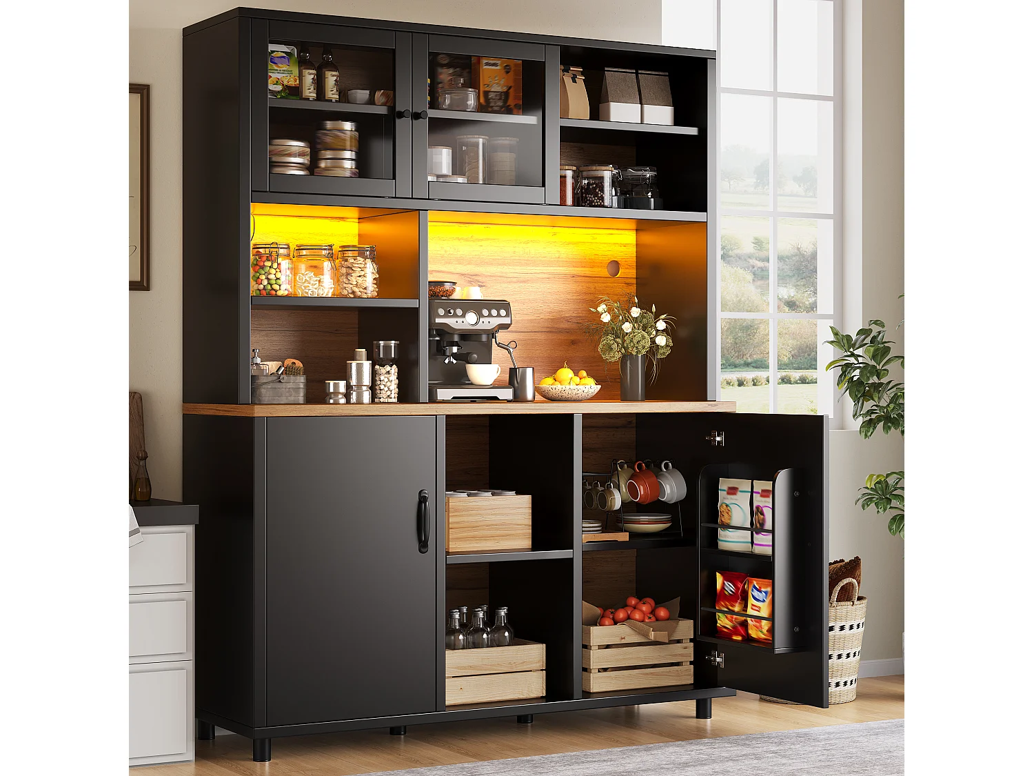Buffet de cuisine hauts pour le salon - 140 x 40 x 185 cm - avec 4 portes + Led - style rétro - MDF + verre - noir