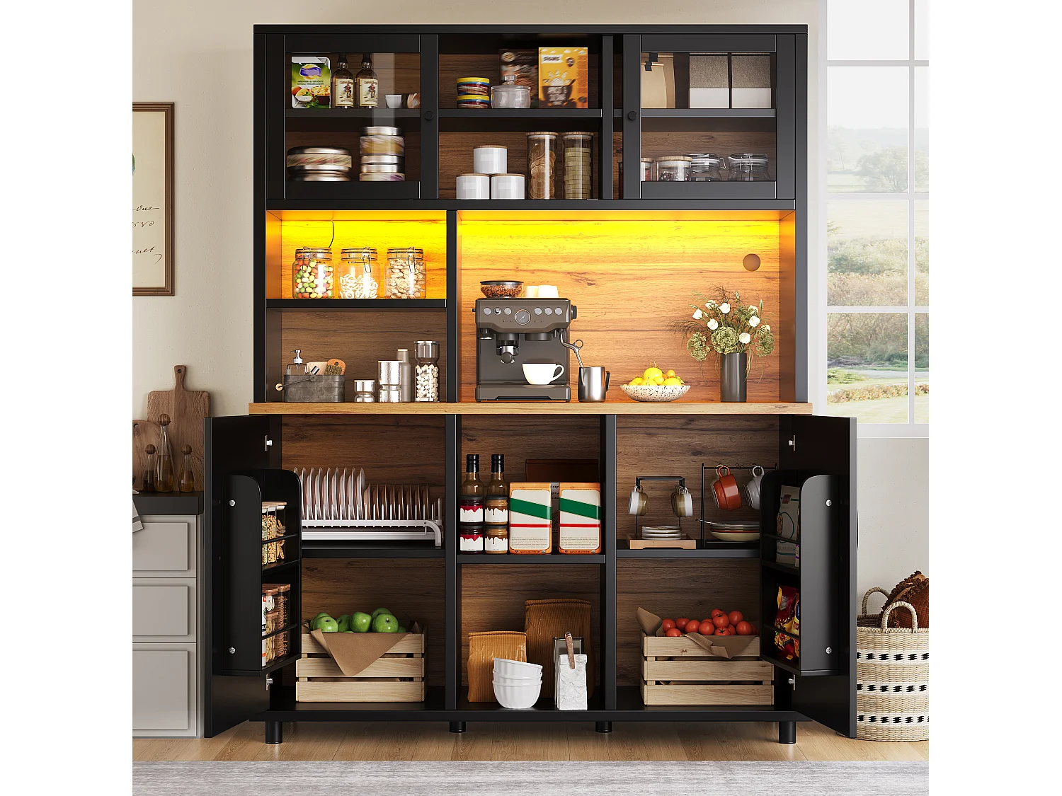 Buffet de cuisine hauts pour le salon - 140 x 40 x 185 cm - avec 4 portes + Led - style rétro - MDF + verre - noir