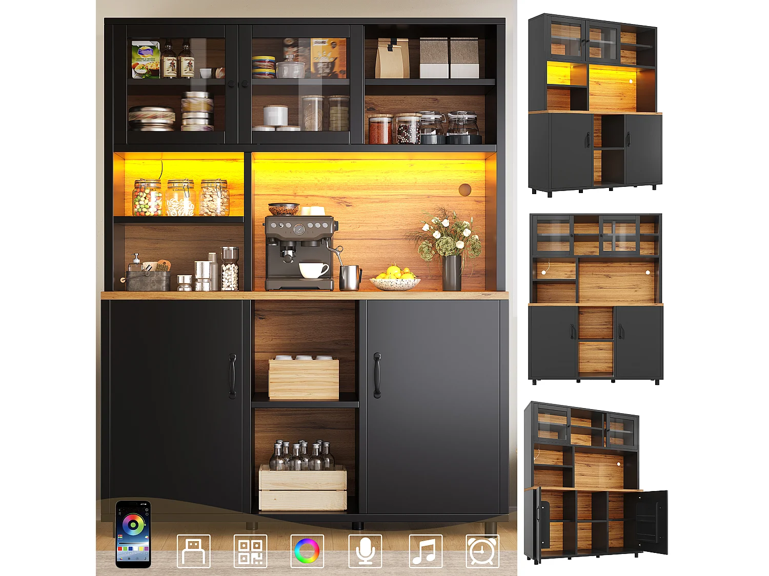 Buffet de cuisine hauts pour le salon - 140 x 40 x 185 cm - avec 4 portes + Led - style rétro - MDF + verre - noir