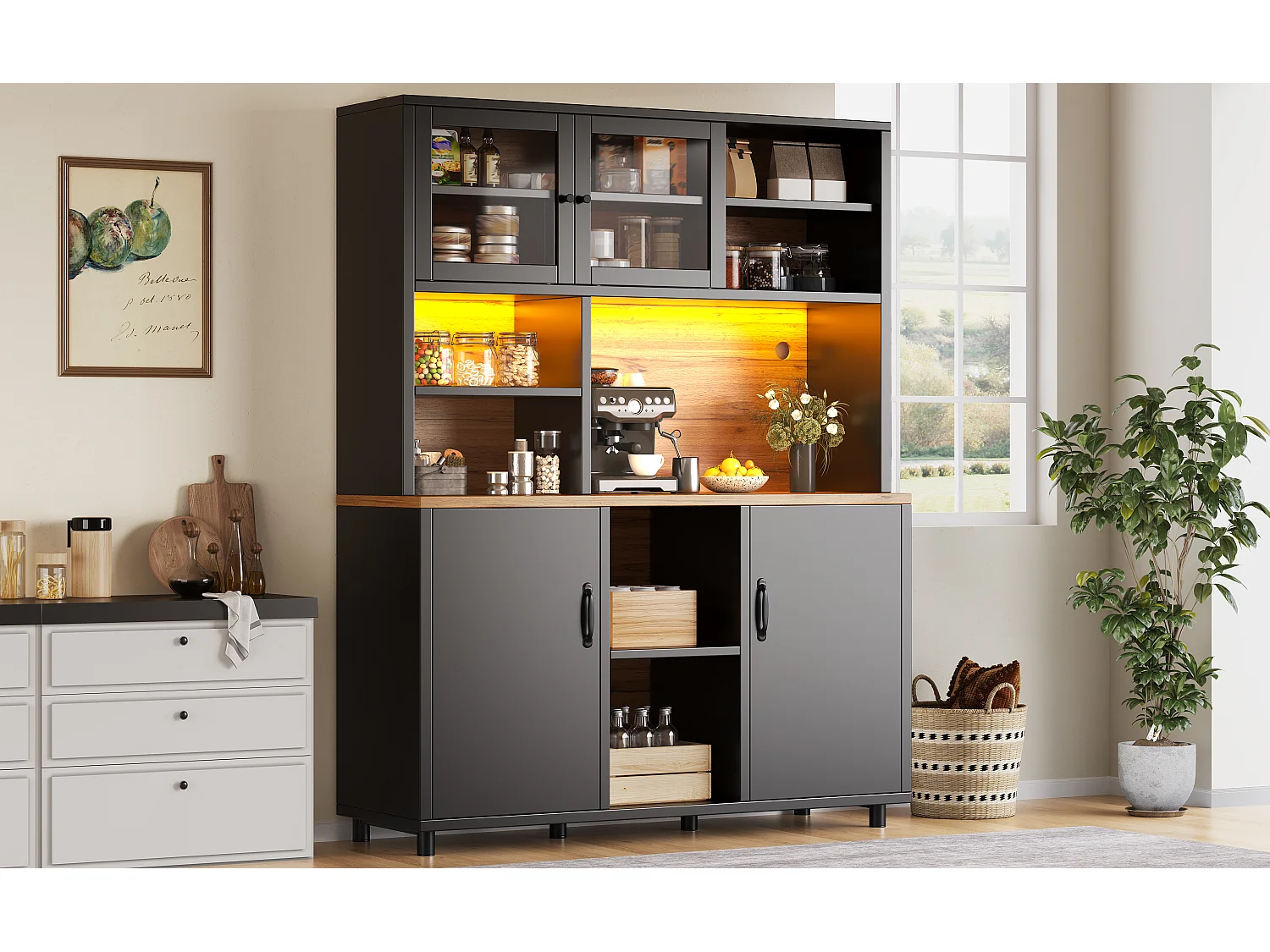 Buffet de cuisine hauts pour le salon - 140 x 40 x 185 cm - avec 4 portes + Led - style rétro - MDF + verre - noir
