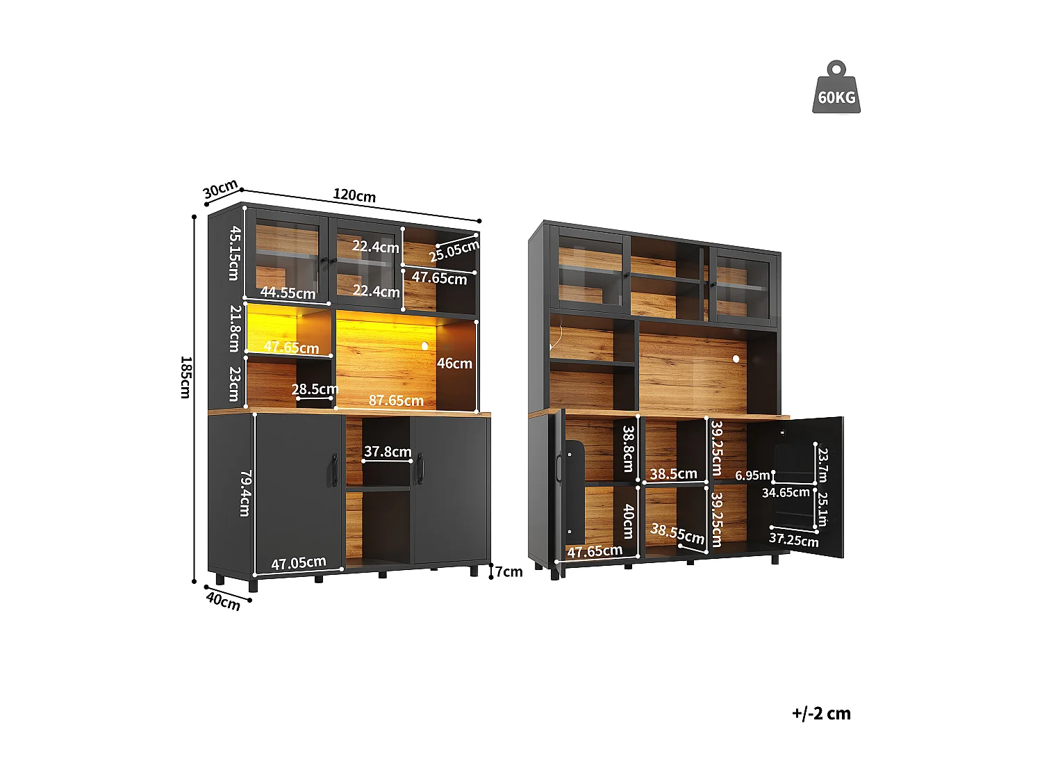 Buffet de cuisine hauts pour le salon - 140 x 40 x 185 cm - avec 4 portes + Led - style rétro - MDF + verre - noir