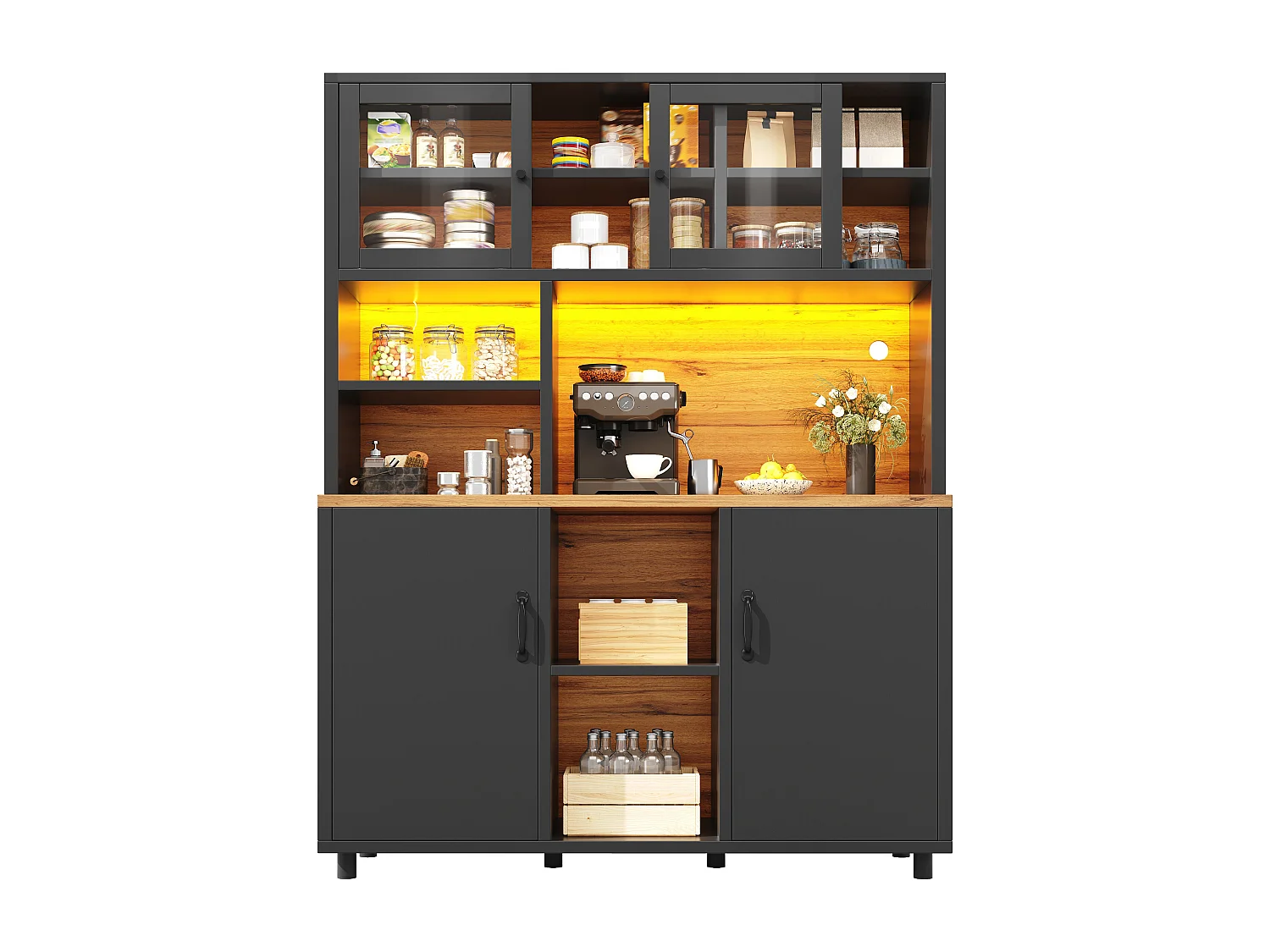 Buffet de cuisine hauts pour le salon - 140 x 40 x 185 cm - avec 4 portes + Led - style rétro - MDF + verre - noir