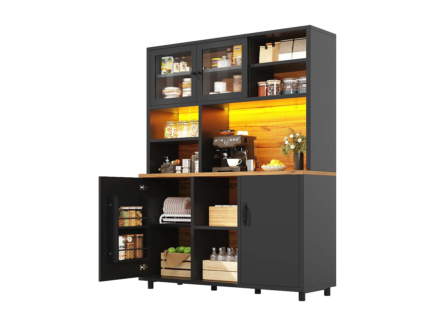 Buffet de cuisine hauts pour le salon - 140 x 40 x 185 cm - avec 4 portes + Led - style rétro - MDF + verre - noir