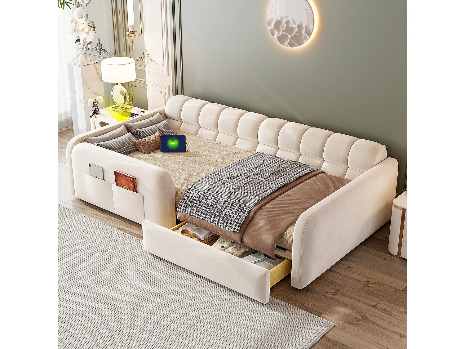 Lit enfant capitonné - 90 x 200 cm - avec tiroir + veilleuse + port de chargement - velours - beige