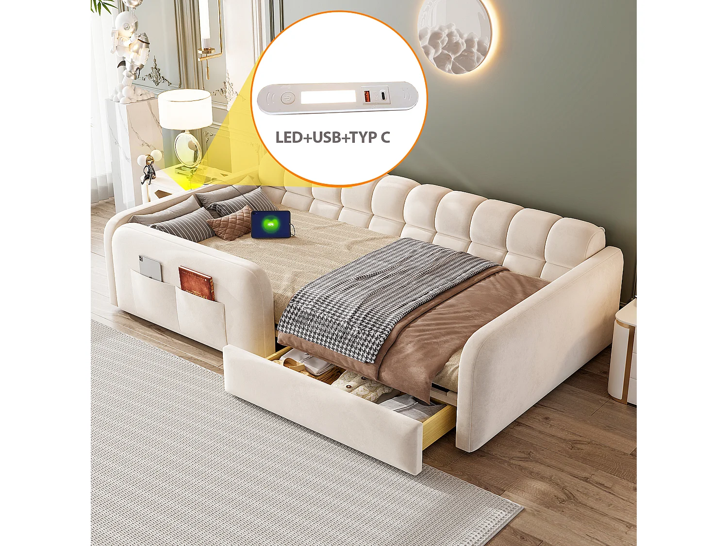 Lit enfant capitonné - 90 x 200 cm - avec tiroir + veilleuse + port de chargement - velours - beige