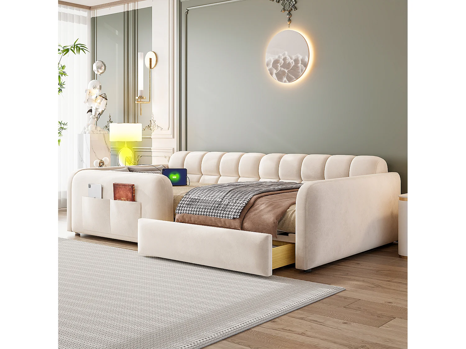 Lit enfant capitonné - 90 x 200 cm - avec tiroir + veilleuse + port de chargement - velours - beige