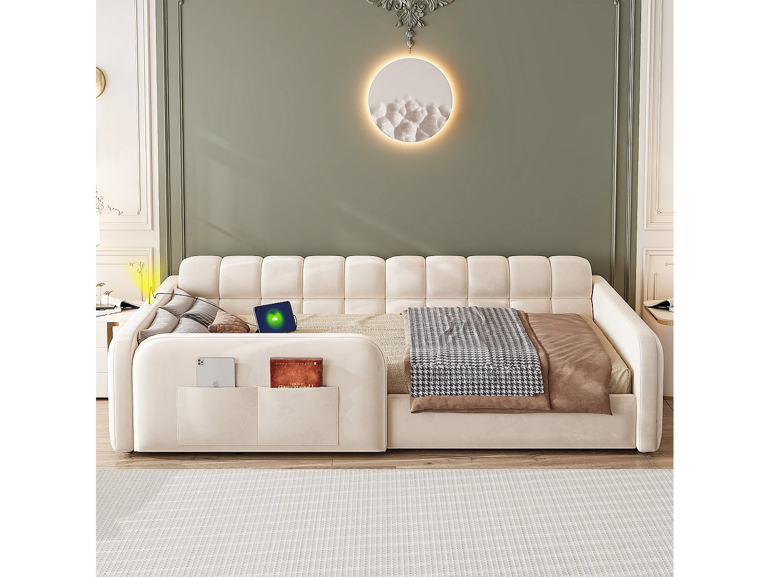 Lit enfant capitonné - 90 x 200 cm - avec tiroir + veilleuse + port de chargement - velours - beige