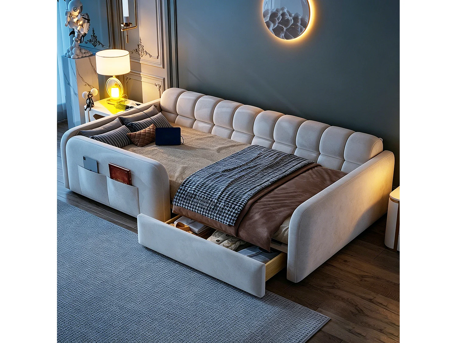 Lit enfant capitonné - 90 x 200 cm - avec tiroir + veilleuse + port de chargement - velours - beige