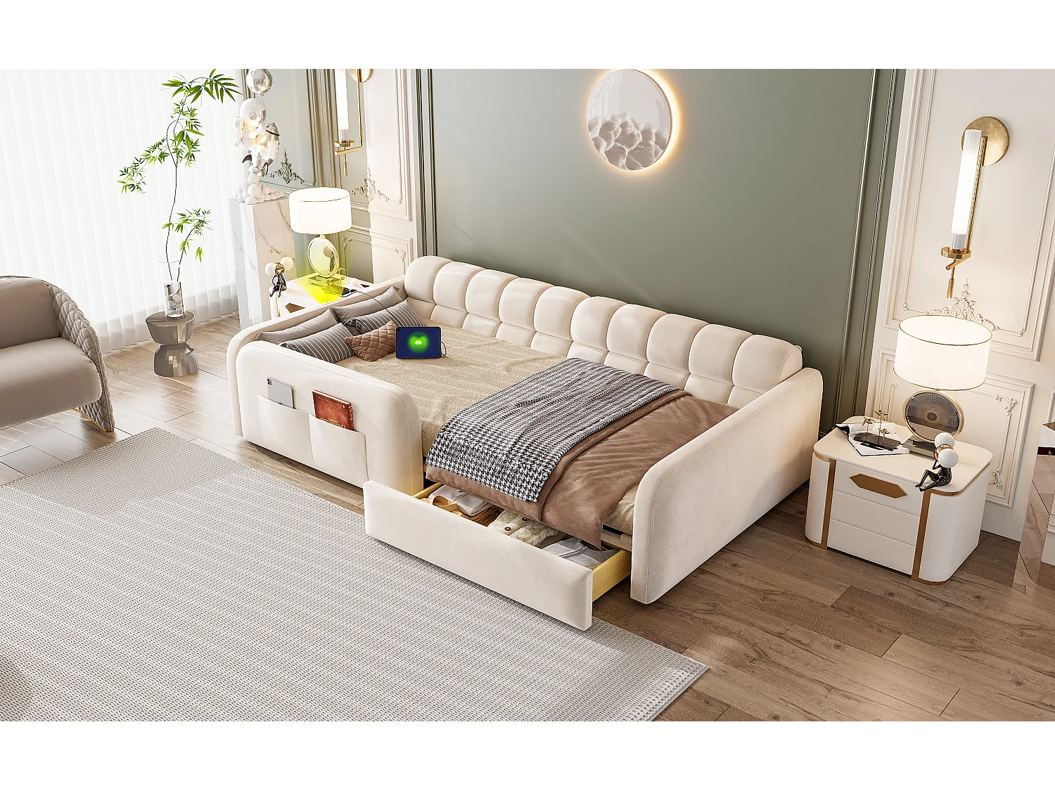 Lit enfant capitonné - 90 x 200 cm - avec tiroir + veilleuse + port de chargement - velours - beige