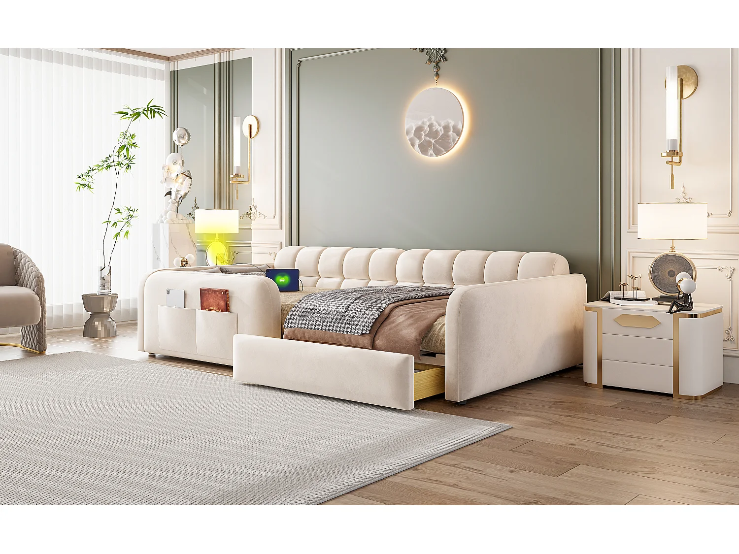 Lit enfant capitonné - 90 x 200 cm - avec tiroir + veilleuse + port de chargement - velours - beige