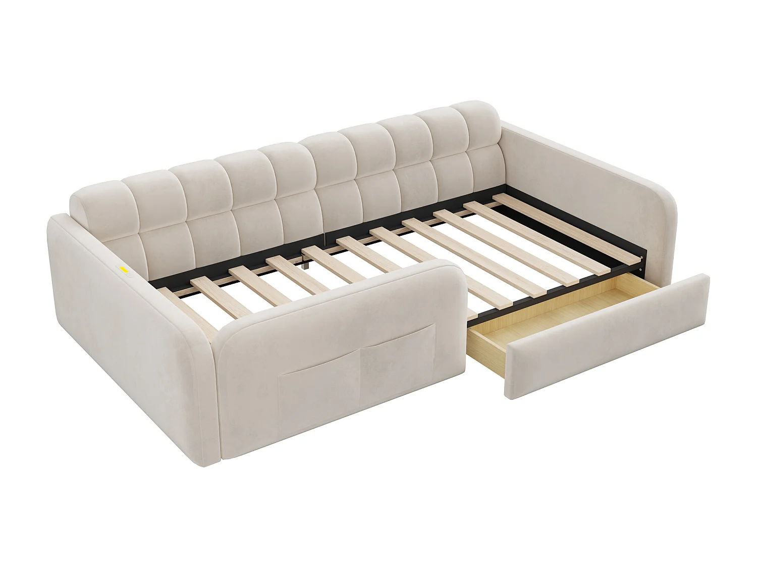 Lit enfant capitonné - 90 x 200 cm - avec tiroir + veilleuse + port de chargement - velours - beige