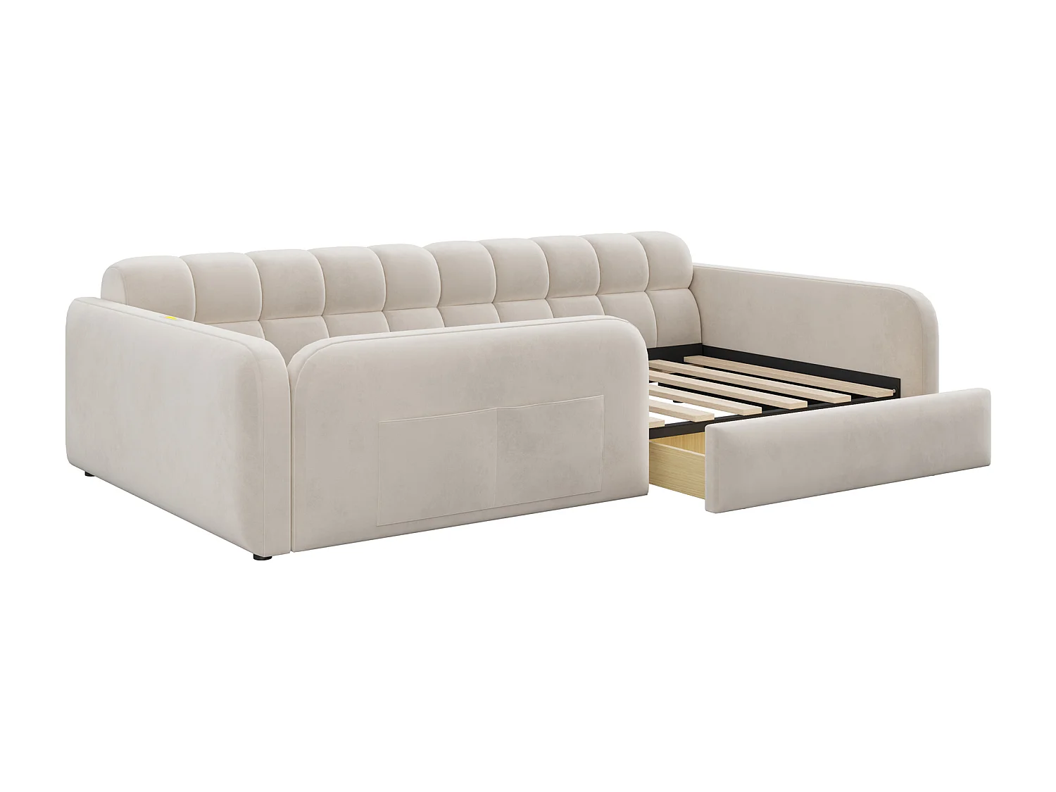 Lit enfant capitonné - 90 x 200 cm - avec tiroir + veilleuse + port de chargement - velours - beige