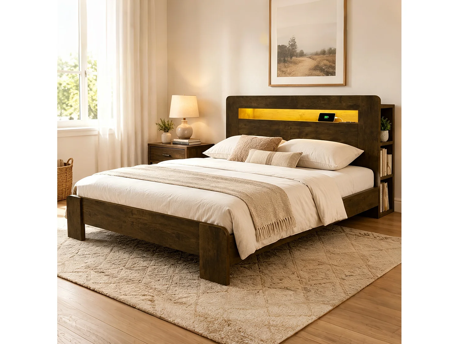 Modernes Holzplattformbett – 140 x 200 cm – mit Stauraum im Kopfteil, LED-Beleuchtung und Steckdosen – Naturholz