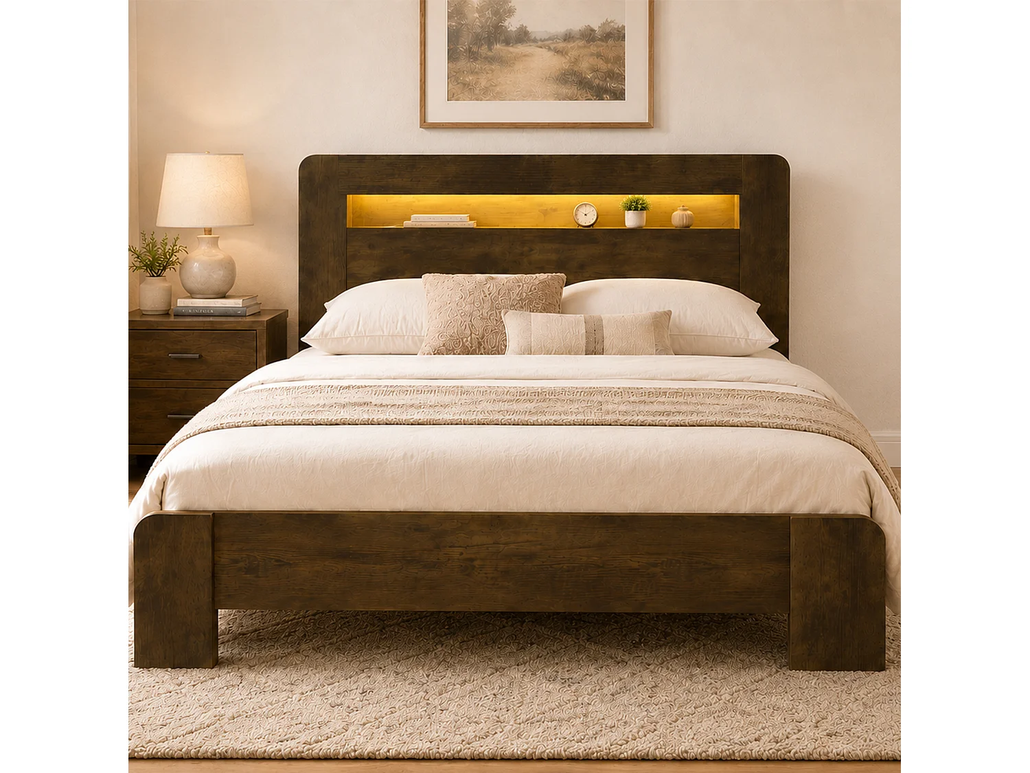 Modernes Holzplattformbett – 140 x 200 cm – mit Stauraum im Kopfteil, LED-Beleuchtung und Steckdosen – Naturholz