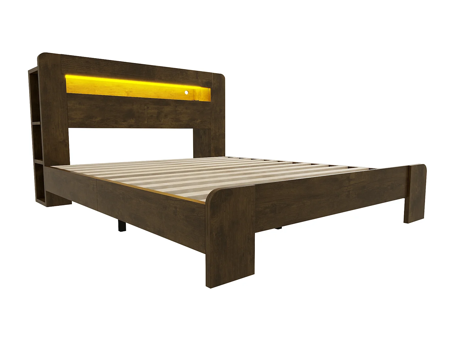 Modernes Holzplattformbett – 140 x 200 cm – mit Stauraum im Kopfteil, LED-Beleuchtung und Steckdosen – Naturholz