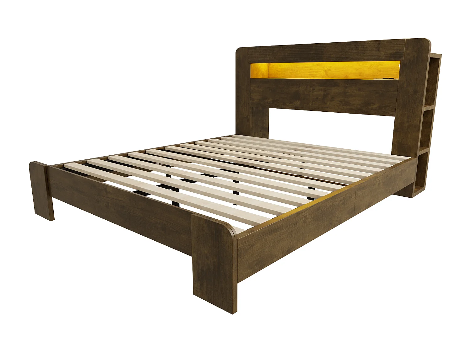 Modernes Holzplattformbett – 140 x 200 cm – mit Stauraum im Kopfteil, LED-Beleuchtung und Steckdosen – Naturholz