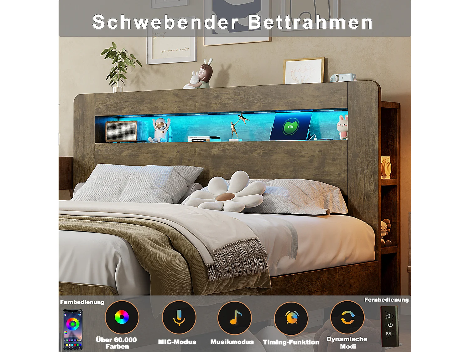 Modernes Holzplattformbett – 140 x 200 cm – mit Stauraum im Kopfteil, LED-Beleuchtung und Steckdosen – Naturholz