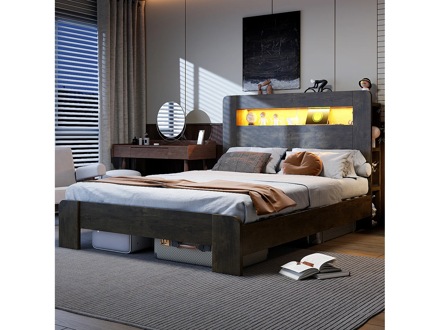 Modernes Holzplattformbett – 140 x 200 cm – mit Stauraum im Kopfteil, LED-Beleuchtung und Steckdosen – Naturholz