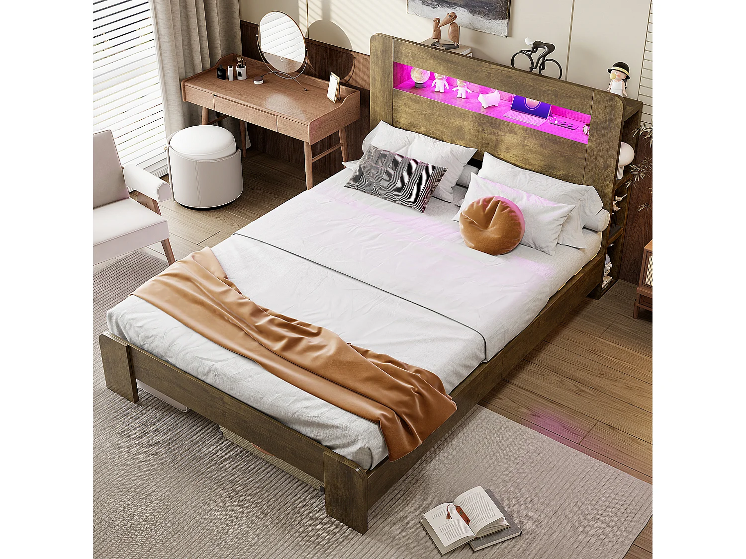 Modernes Holzplattformbett – 140 x 200 cm – mit Stauraum im Kopfteil, LED-Beleuchtung und Steckdosen – Naturholz