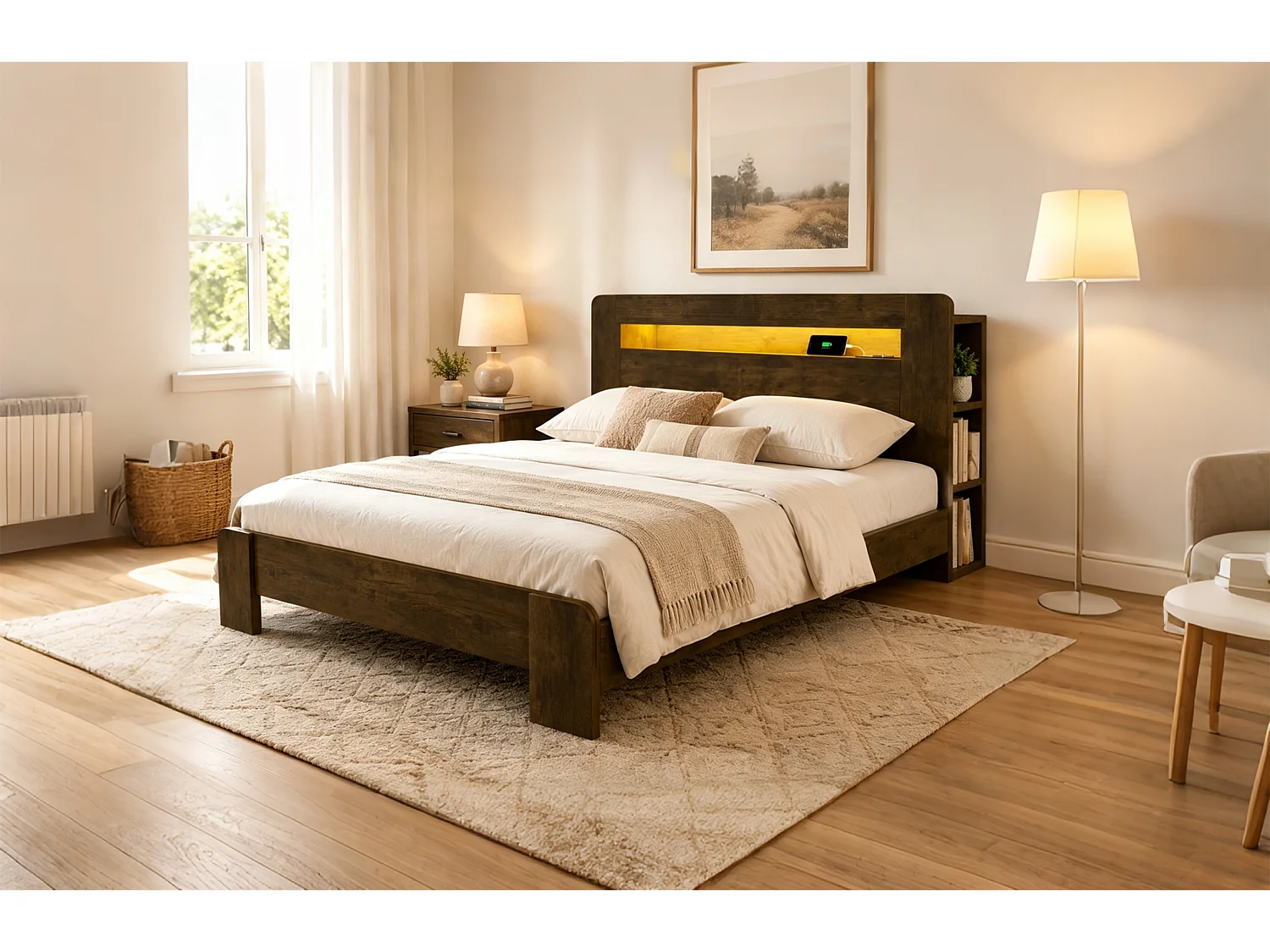 Modernes Holzplattformbett – 140 x 200 cm – mit Stauraum im Kopfteil, LED-Beleuchtung und Steckdosen – Naturholz