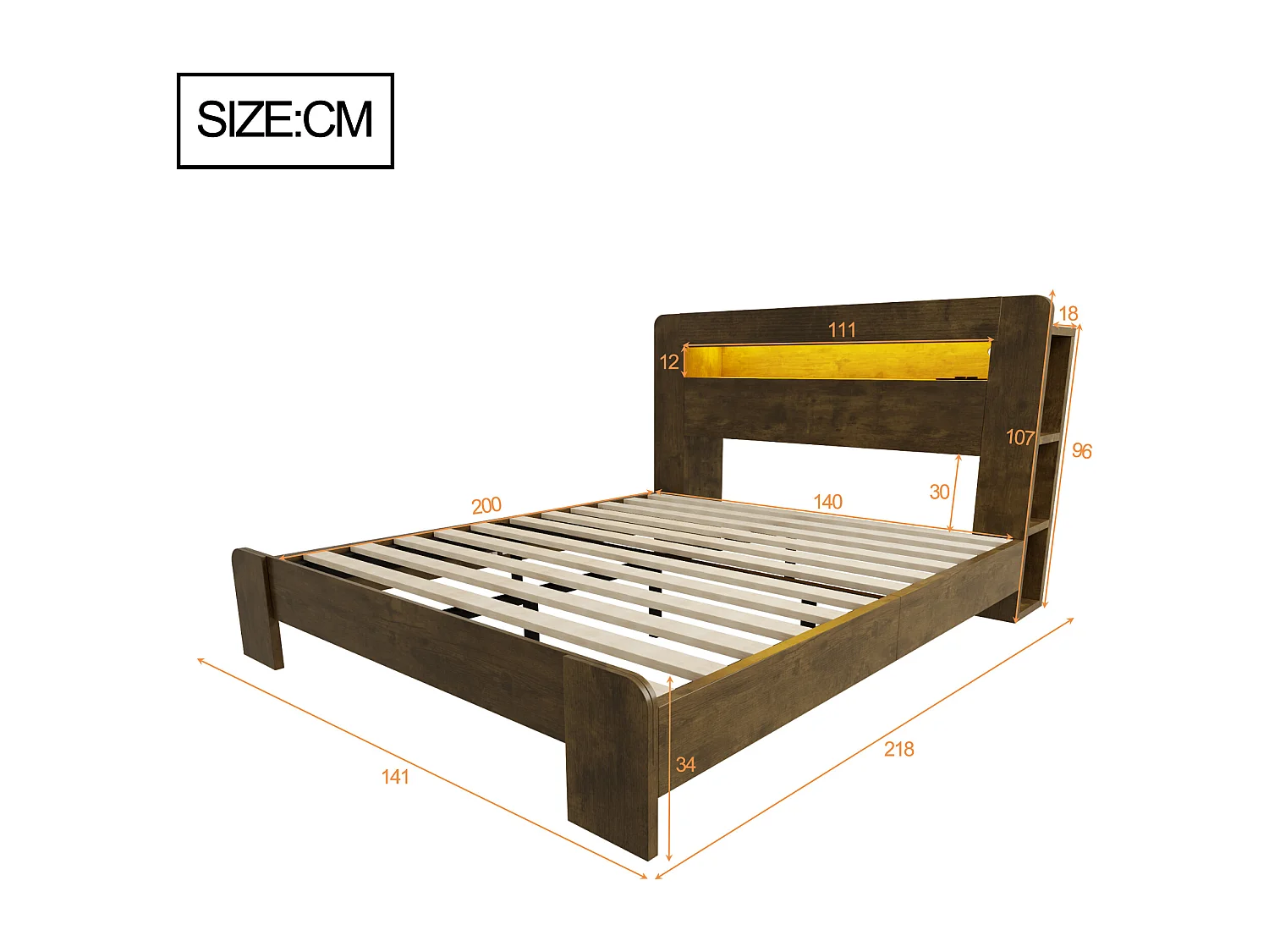 Modernes Holzplattformbett – 140 x 200 cm – mit Stauraum im Kopfteil, LED-Beleuchtung und Steckdosen – Naturholz