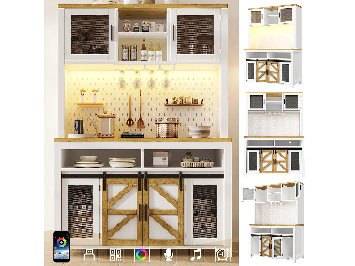 Buffet haut de cuisine - 120 x 40 x 174.5 cm - avec USB + Leds + portes + étagères - MDF - blanc