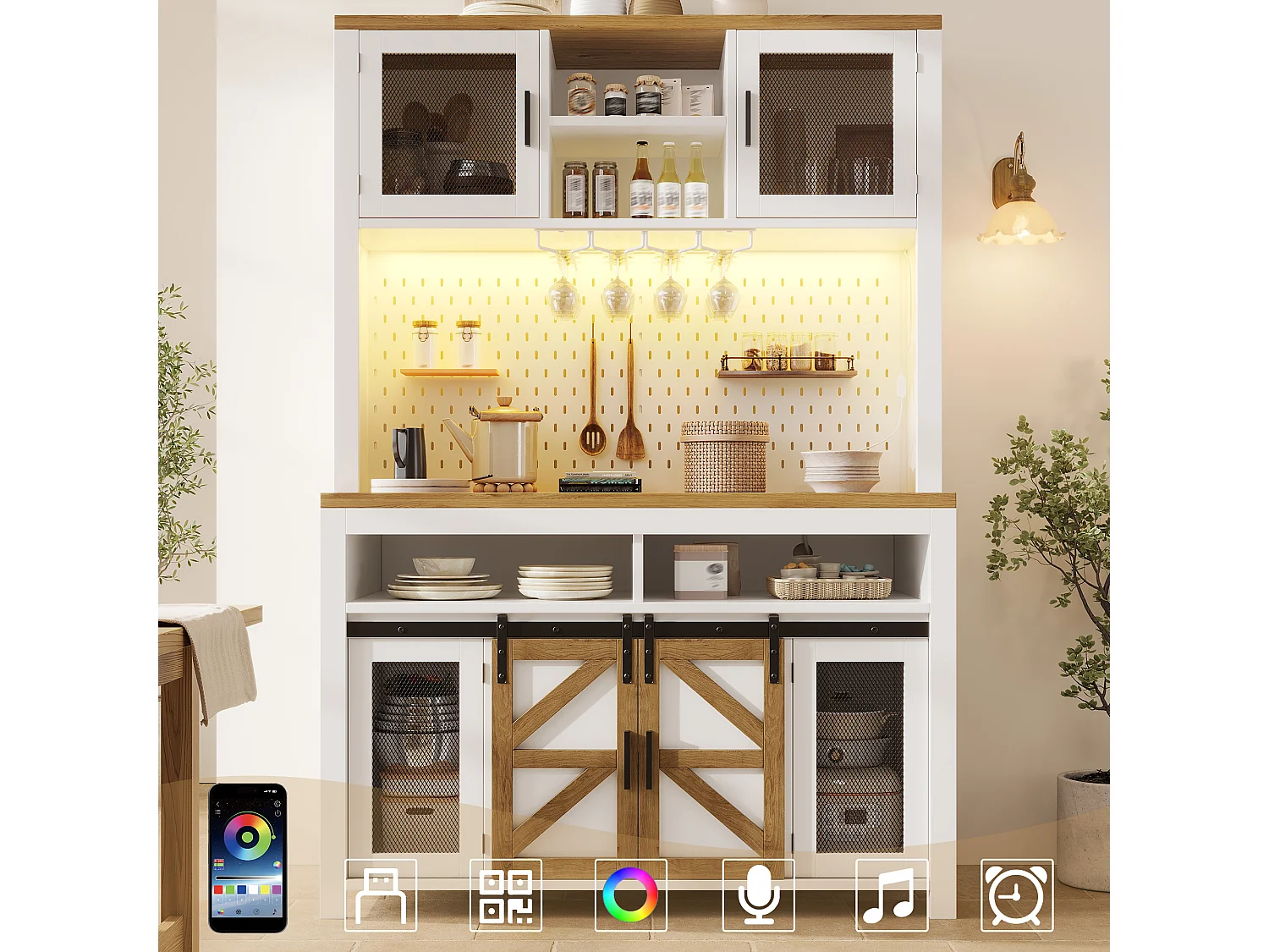 Buffet haut de cuisine - 120 x 40 x 174.5 cm - avec USB + Leds + portes + étagères - MDF - blanc