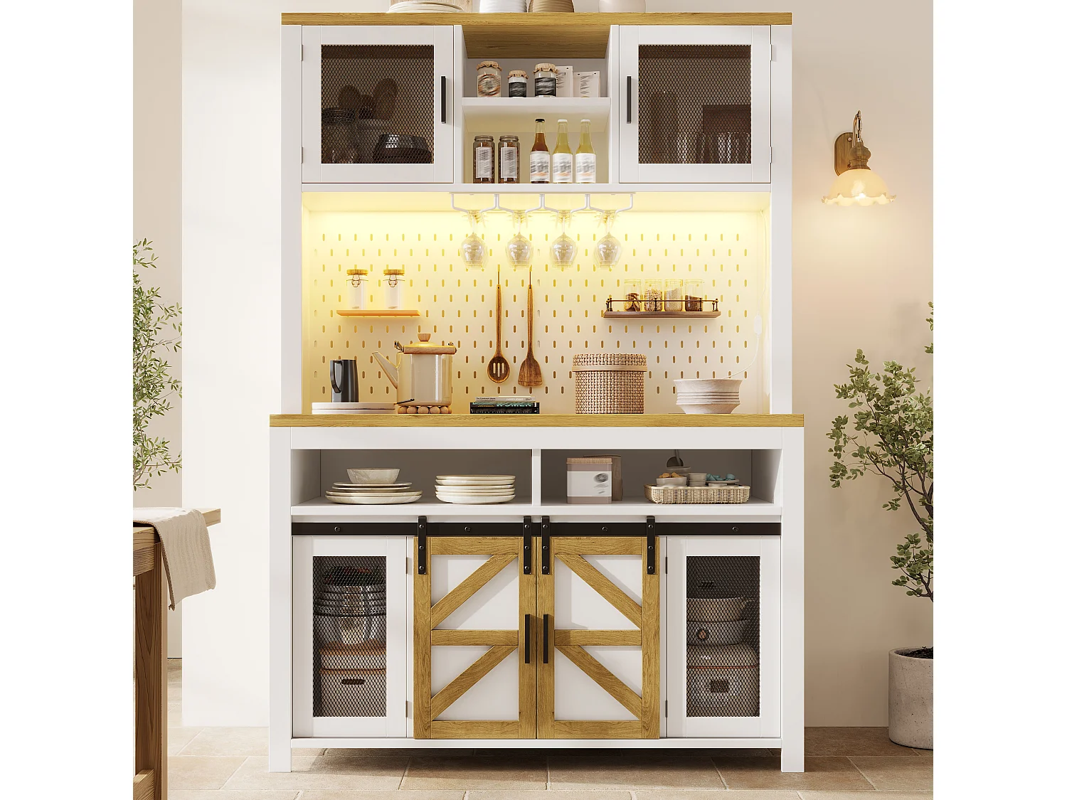 Buffet haut de cuisine - 120 x 40 x 174.5 cm - avec USB + Leds + portes + étagères - MDF - blanc