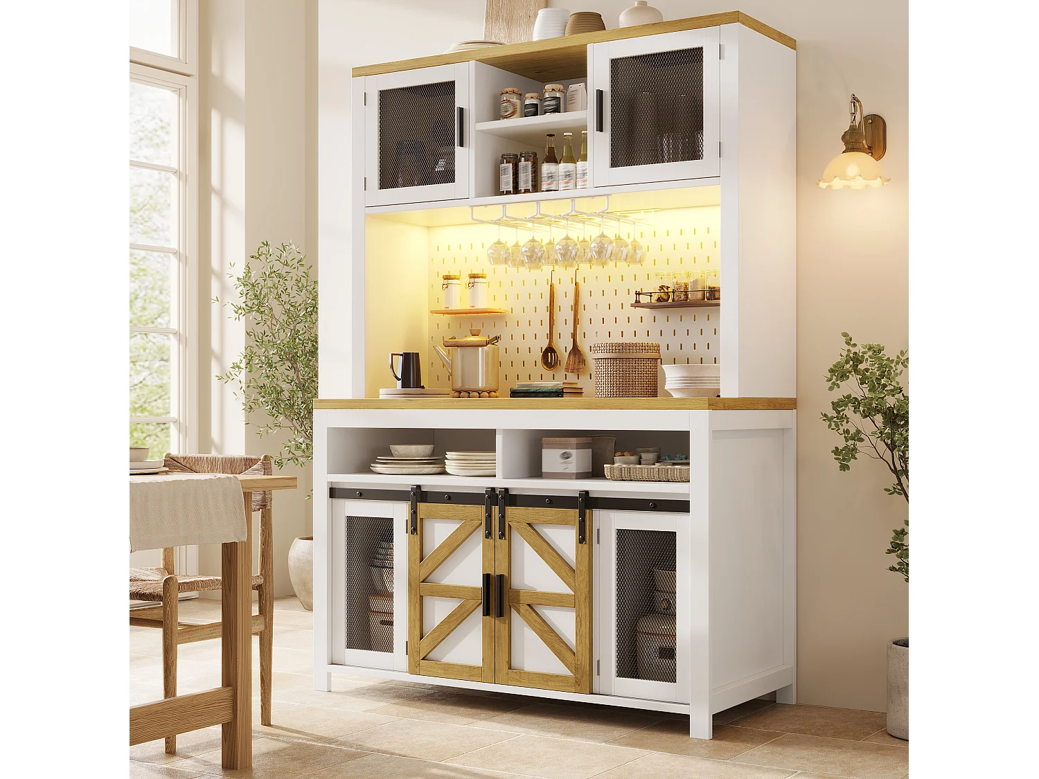 Buffet haut de cuisine - 120 x 40 x 174.5 cm - avec USB + Leds + portes + étagères - MDF - blanc