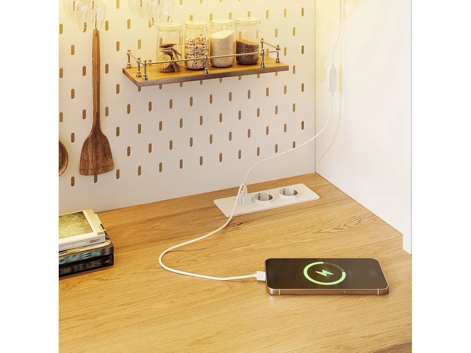 Buffet haut de cuisine - 120 x 40 x 174.5 cm - avec USB + Leds + portes + étagères - MDF - blanc
