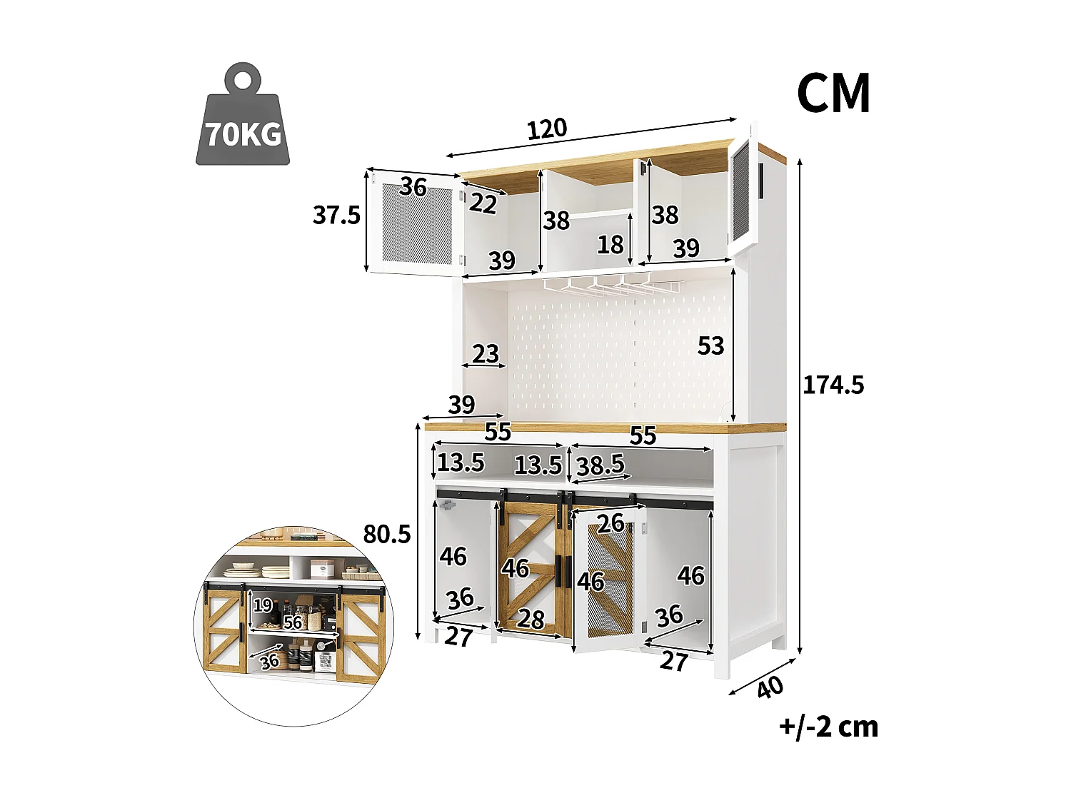 Buffet haut de cuisine - 120 x 40 x 174.5 cm - avec USB + Leds + portes + étagères - MDF - blanc