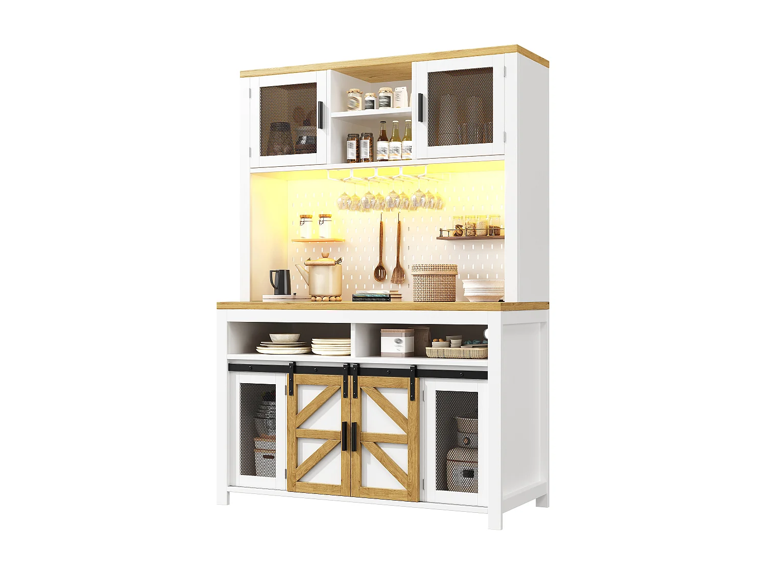 Buffet haut de cuisine - 120 x 40 x 174.5 cm - avec USB + Leds + portes + étagères - MDF - blanc