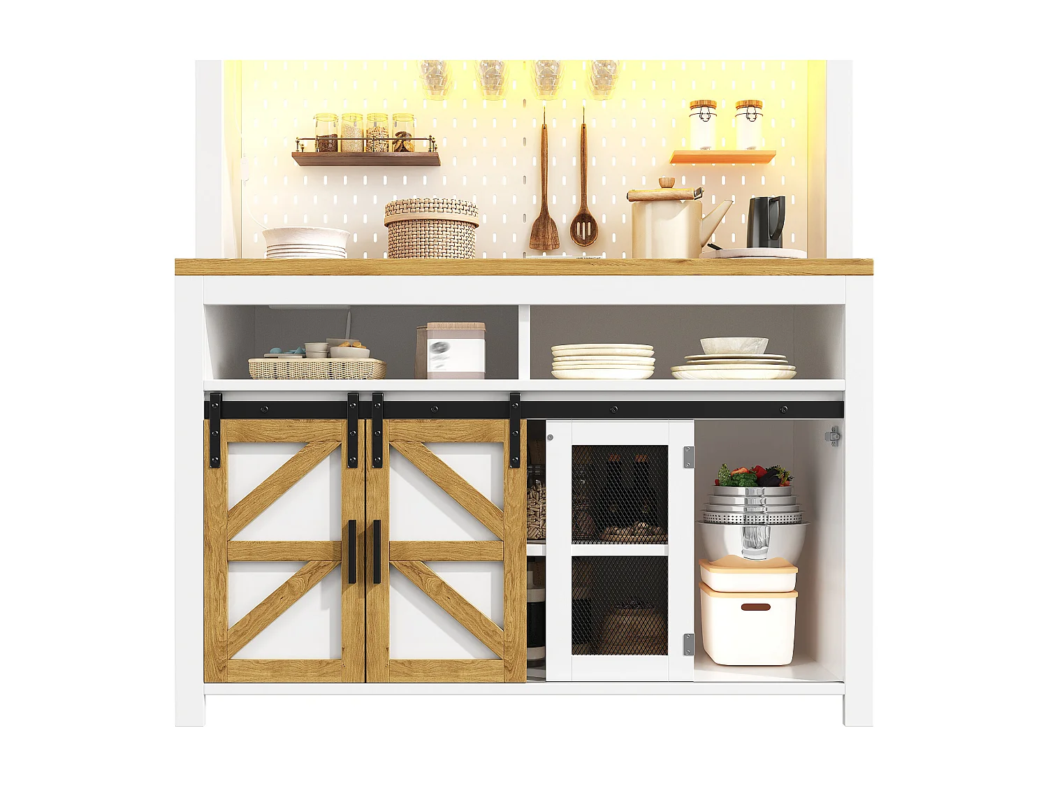 Buffet haut de cuisine - 120 x 40 x 174.5 cm - avec USB + Leds + portes + étagères - MDF - blanc