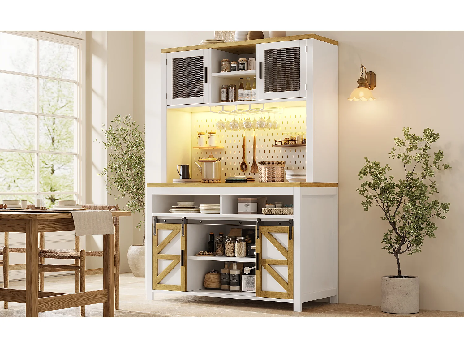 Buffet haut de cuisine - 120 x 40 x 174.5 cm - avec USB + Leds + portes + étagères - MDF - blanc