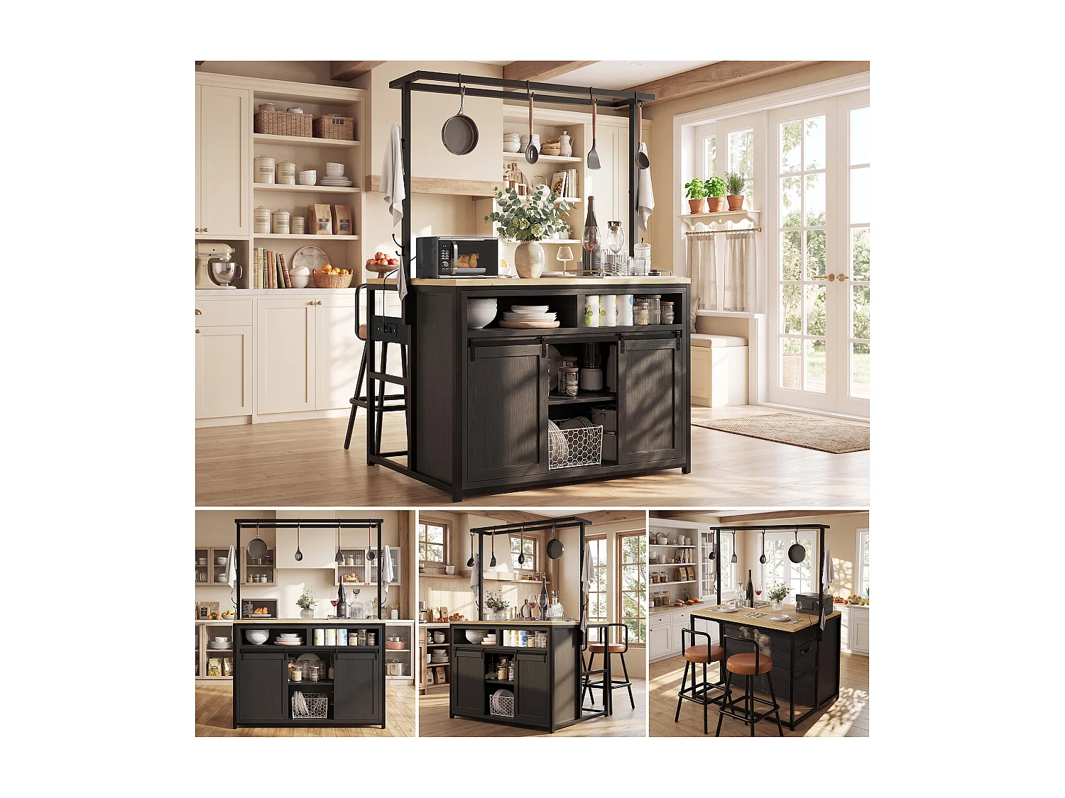 Ensemble Îlot central et tabourets 3 pièces - meuble de cuisine avec prise + tabourets de bar assortis - MDF + métal - noir