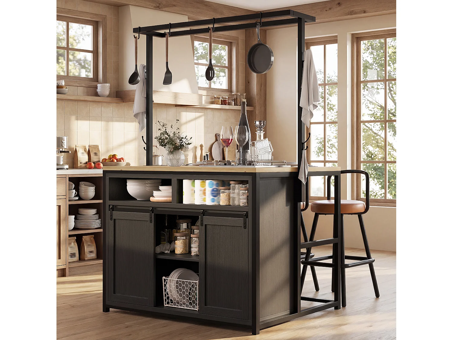 Ensemble Îlot central et tabourets 3 pièces - meuble de cuisine avec prise + tabourets de bar assortis - MDF + métal - noir