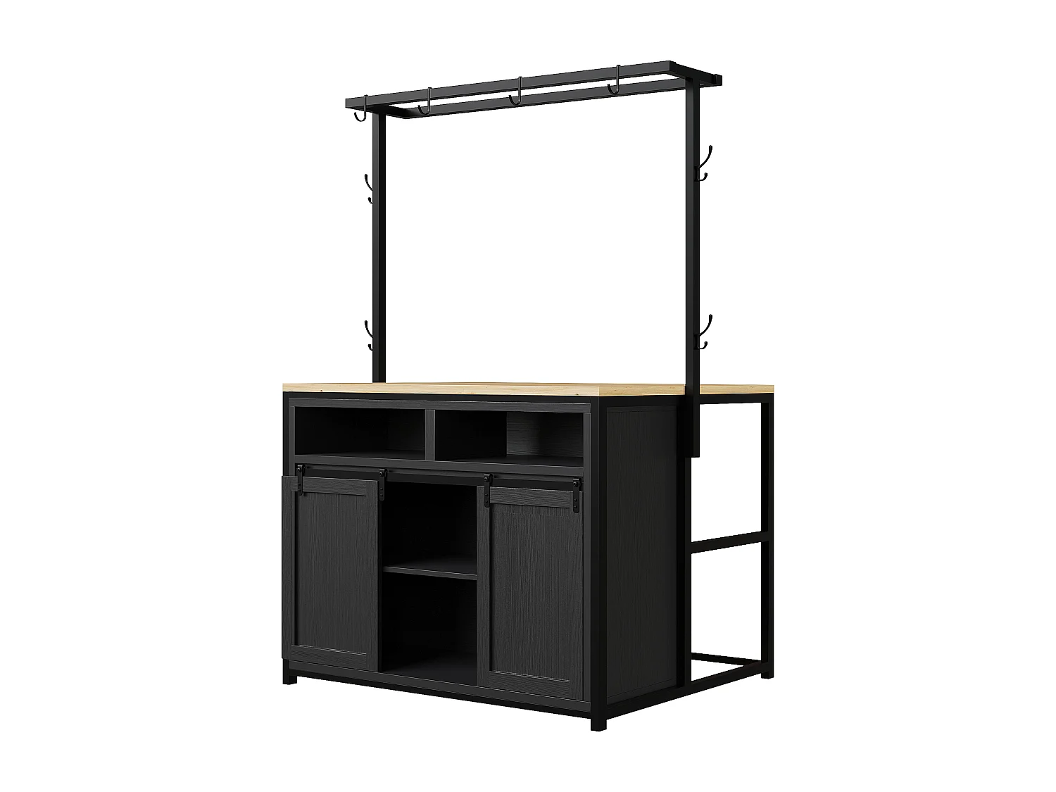 Ensemble Îlot central et tabourets 3 pièces - meuble de cuisine avec prise + tabourets de bar assortis - MDF + métal - noir