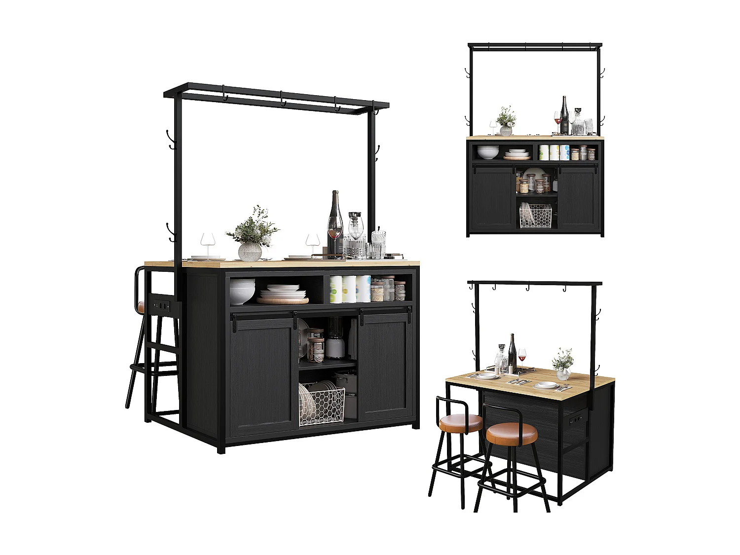 Ensemble Îlot central et tabourets 3 pièces - meuble de cuisine avec prise + tabourets de bar assortis - MDF + métal - noir
