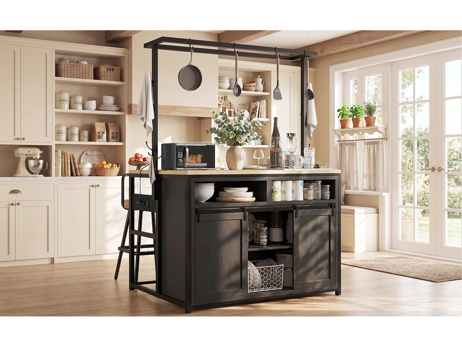 Ensemble Îlot central et tabourets 3 pièces - meuble de cuisine avec prise + tabourets de bar assortis - MDF + métal - noir