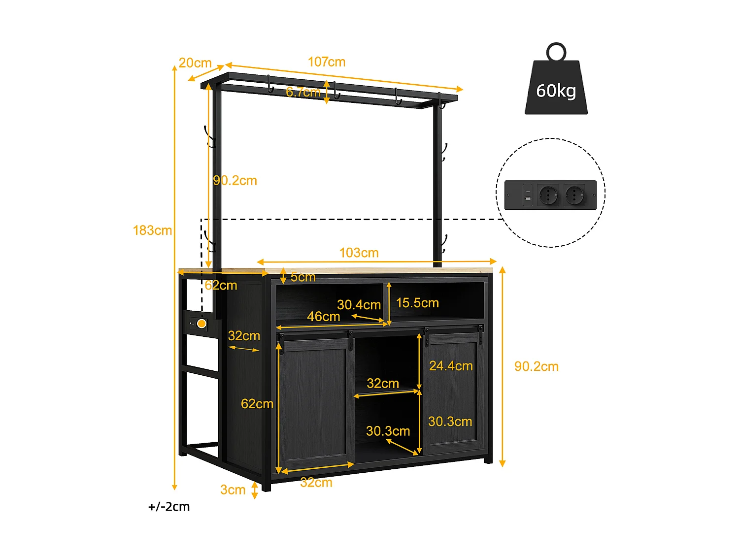 Ensemble Îlot central et tabourets 3 pièces - meuble de cuisine avec prise + tabourets de bar assortis - MDF + métal - noir