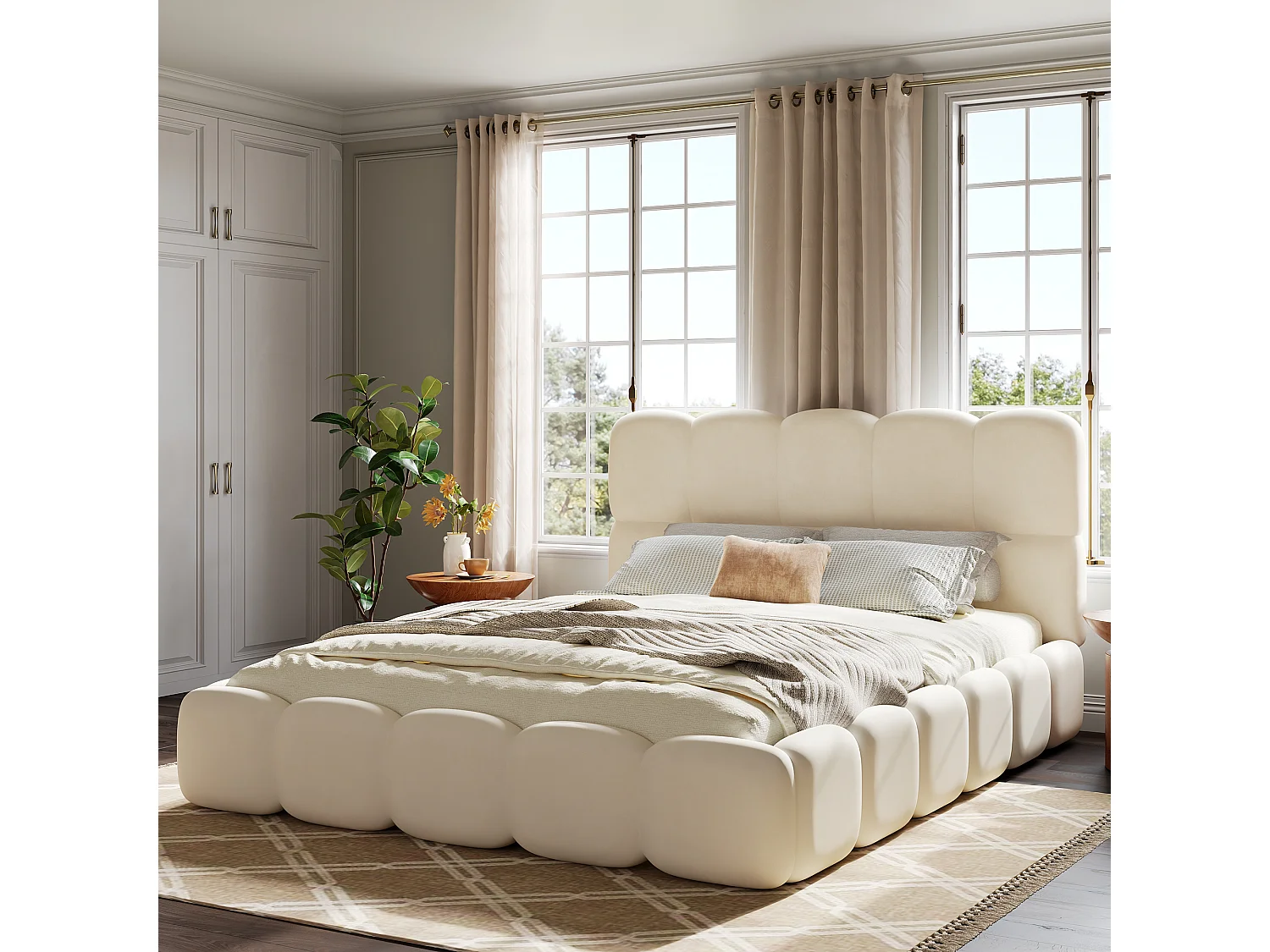 Gepolstertes Doppelbett – 180 x 200 cm – mit Lattenrost und Kopfteil – Samt – beige