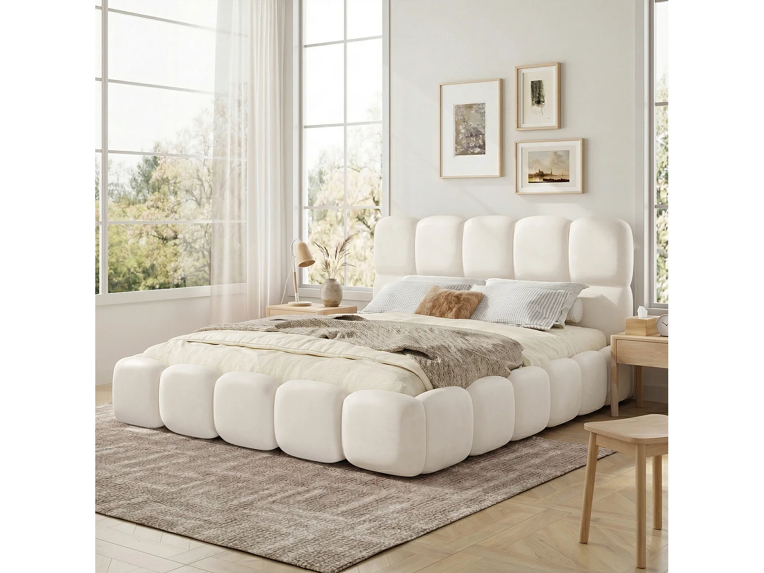 Gepolstertes Doppelbett – 180 x 200 cm – mit Lattenrost und Kopfteil – Samt – beige