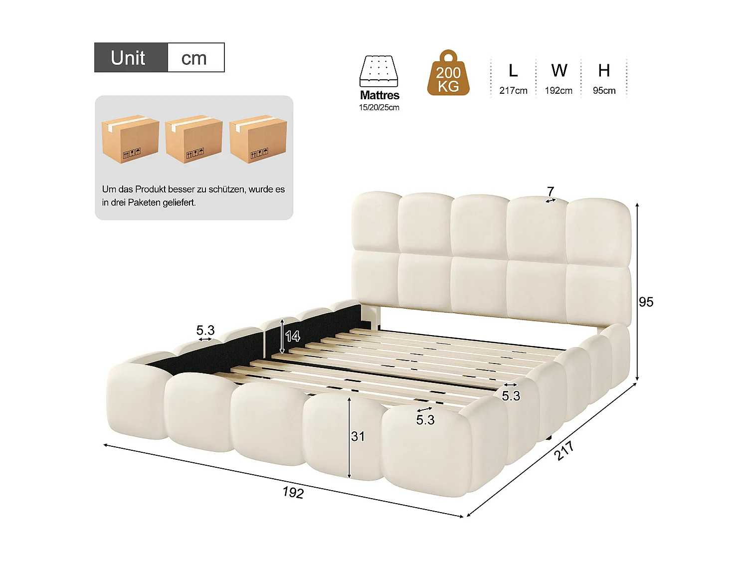 Gepolstertes Doppelbett – 180 x 200 cm – mit Lattenrost und Kopfteil – Samt – beige