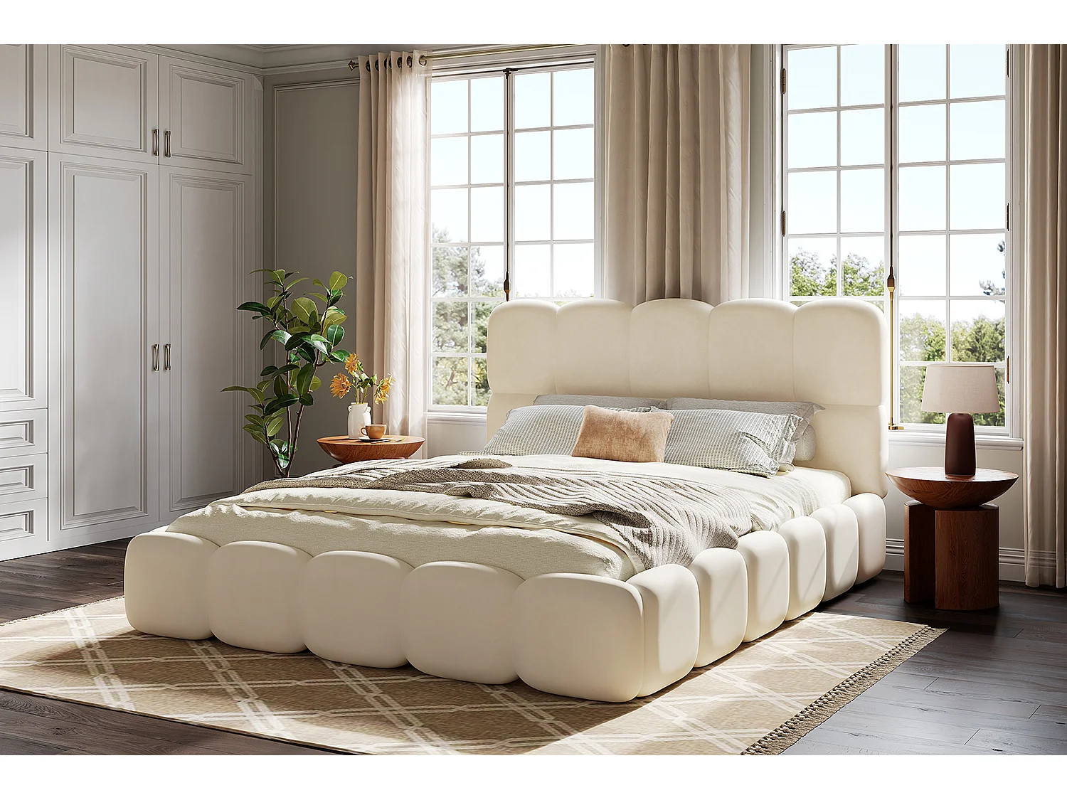 Gepolstertes Doppelbett – 180 x 200 cm – mit Lattenrost und Kopfteil – Samt – beige