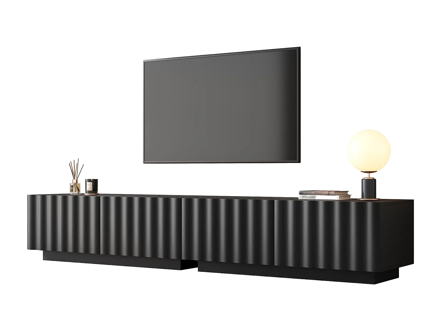 Moderne lage tv-standaard met golvende voorkant - 200 x 40 x 35 cm - met lades - voor de woonkamer - MDF + spaanplaat - zwart