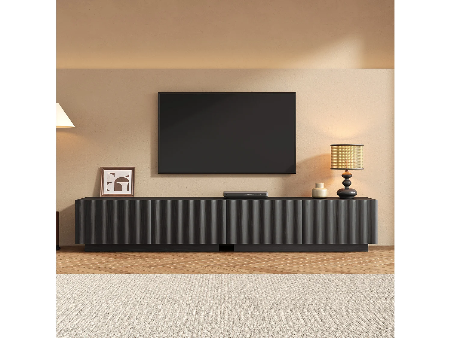 Moderne lage tv-standaard met golvende voorkant - 200 x 40 x 35 cm - met lades - voor de woonkamer - MDF + spaanplaat - zwart